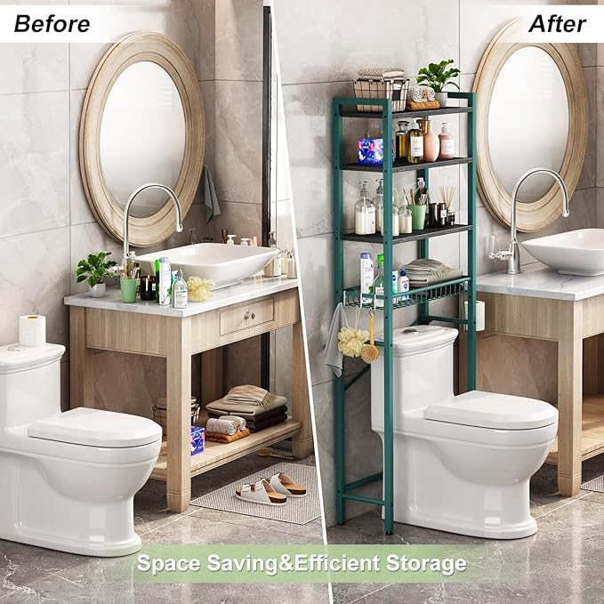 Over-The-Toilet Storage Rack, 4-Tier Bathroom Organizer Shelf Over Toilet with Adjustable Shelf and Basket, Freestanding Space Saver Bathroom Shelves Above Toilet for Room (Green- Black)