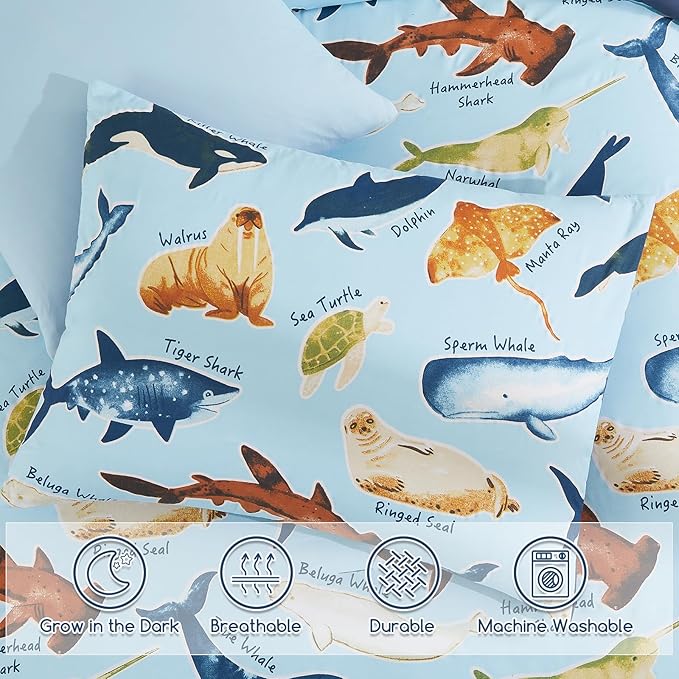 Twin Comforter Set for Boys-5 Pieces Ocean Animals Glow in The Dark Twin Bedding Sets for Kids, Ultra Soft Bed in A Bag with Sheets