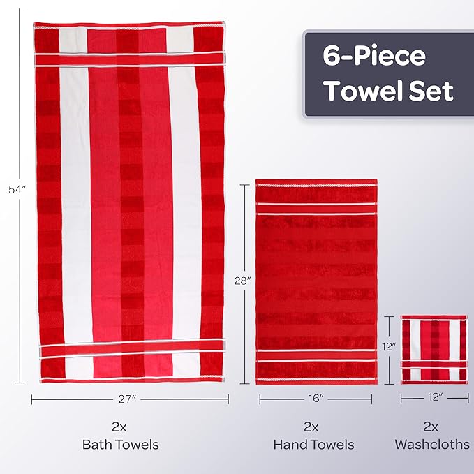 Lavish Home 6 Piece Bathroom Towels Set - 525 GSM 100% Cotton Bathroom Accessories - 2 Bath Sheets, 2 Hand Cloths, and 2 Wash Cloths - Soft Towel Set for Shower, Gym, Dorm, and Spa (Red)