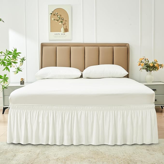 Biscaynebay Wrap Around Bed Skirts for Full & Full XL Beds 11" Short Drop, Ivory Adjustable Elastic Dust Ruffles Easy Fit Wrinkle Resistant Silky Luxurious Fabric Machine Washable