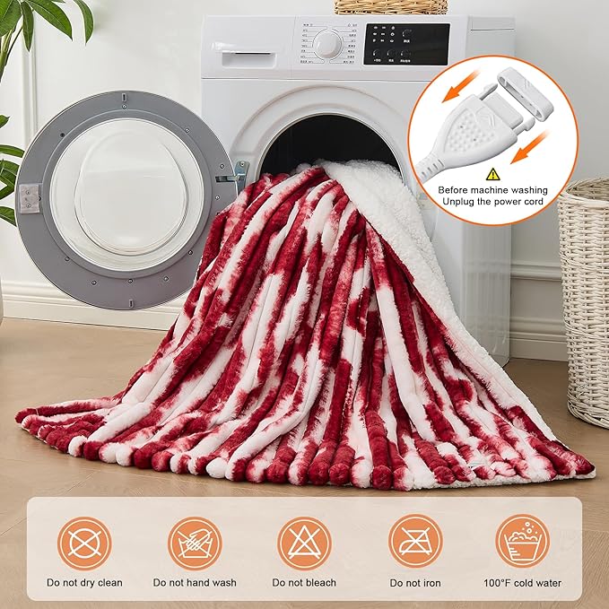 Heated Blanket Throw - 50"x60" Fast Heating Bed Electric Blankets Throw with 6 Heating Levels & 4 Hours Auto Off, Soft Ribbed Faux Fur Sherpa, Over-Heated Protection ETL, Red