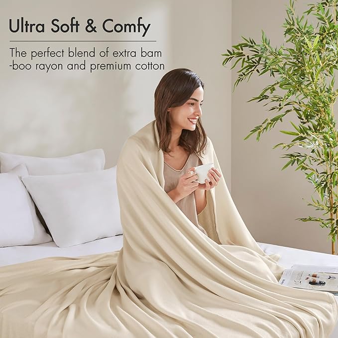 Madison Park Queen Size Blanket, 70% Rayon Bamboo-Based, 30% Cotton, Breathable for Hot Sleepers Menopause, Ultra Soft and Snag-Resistant, Summer Blanket for Bed or Couch, Queen 90"x90" Ivory