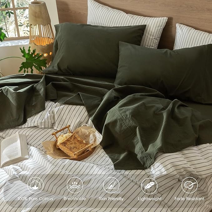 MooMee Bedding Sheet Set 100% Washed Cotton Linen Like Textured Breathable Durable Soft Comfy (Solid Olive Green, King)