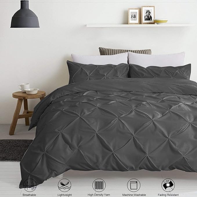 Pinch Pleated Duvet Cover Set 100% Cotton 3PC Twin Size 68x90 Duvet Cover Set, Decorative Pinch Design Dark Grey Duvet Cover with Matching Pillow Case