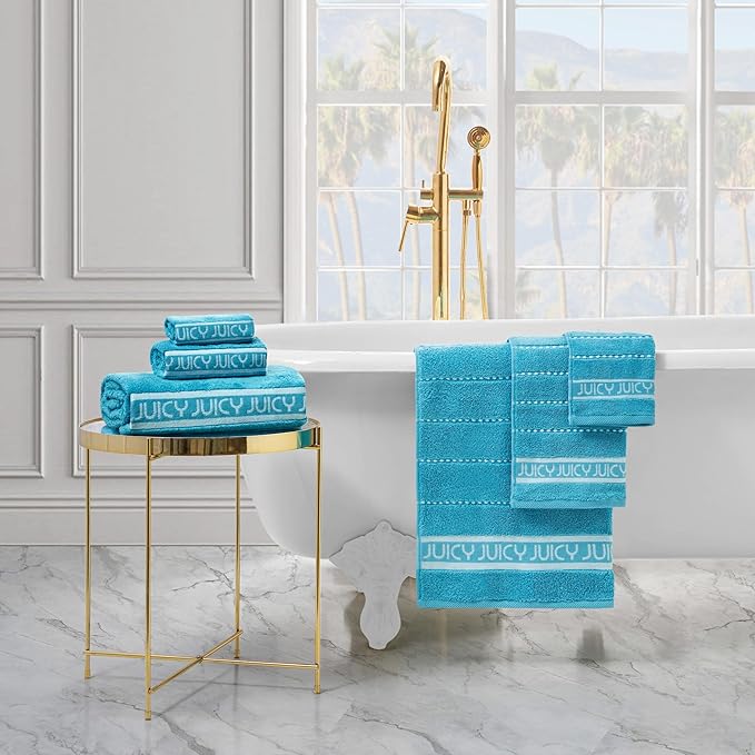 Juicy Couture Luxurious Plush Stripe 6-Piece Bath Towel Set - Pool Blue 100% Cotton - Soft and Stylish Towel Set for Ultimate Comfort and Elegance