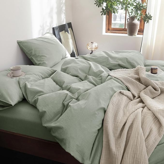 FOSSA Duvet Cover Set 100% Washed Cotton Linen Feel Super Soft Breathable Cozy 3 Pieces Bedding Sets Solid Sage Green Queen