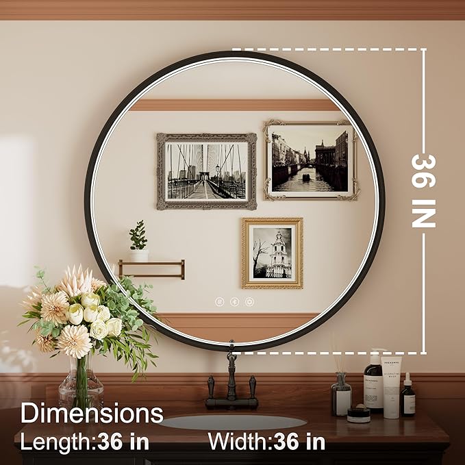 36 Inch Round LED Bathroom Mirror with Bluetooth, Black Lighted Bathroom Mirror Wall Mounted, Dimmable, Anti-Fog, 3000K/4500K/6000K