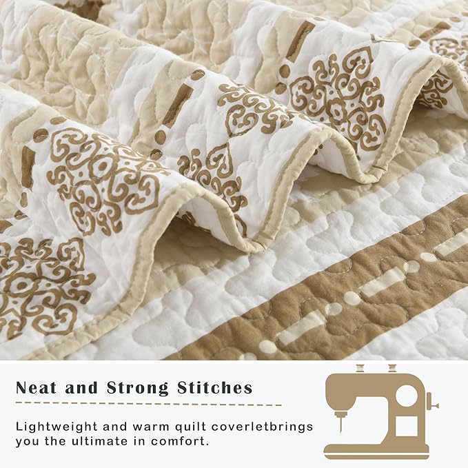 Bedding Set, King Size Quilt, Cotton Bedding Comforter Sets, Brown Taupe Striped Pattern Bed Set, Lightweight Reversible Bedspreads, Machine Washable Coverlet Neutral 3 Pieces