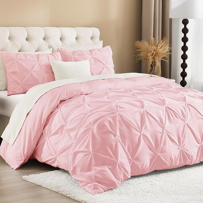 Litanika Pink Pinch Pleat Duvet Cover Full(79x90Inch), 3 Pieces(1 Duvet Cover, 2 Pillowcases) Luxurious Pintuck Bedding Set, Soft Microfiber with Zipper Closure & Corner Ties