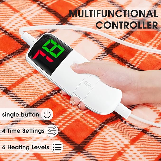 OCTROT Electric Heated Blanket King Size, 90X100 Orange Blanket with Dual Control&10 Heats Levels&Timer for Bed,Large Plaid Sherpa Heating Blankets Warmer Gifts for Women Grandma Halloween Home Decor