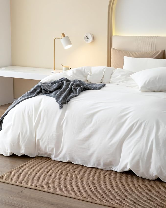 JIYUAN 100% Washed Cotton Duvet Cover Set 3 Pieces Oversized King, 1 Duvet Cover 120x98 Inches(Comforter Not Included) and 2 Pillowcases,Linen Feel Bedding Set Comfy and Breathable,Bright White
