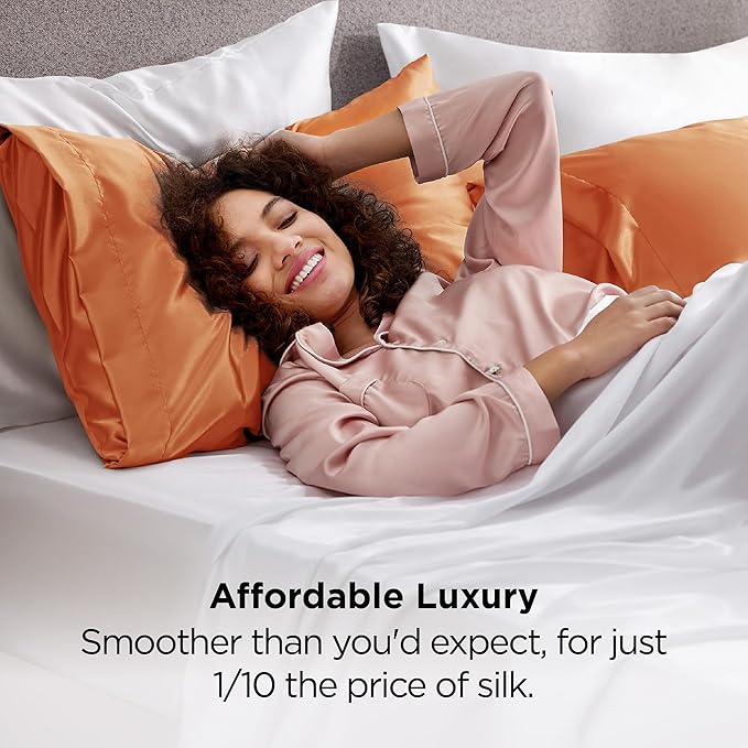 Bedsure Satin Pillowcases, Similar to Silk Pillow Cases Queen Size Set of 2, Pillow Case for Sleeping Women with Envelope Closure, Gifts for Women Men, Orange, 20x30 Inches, 2pcs