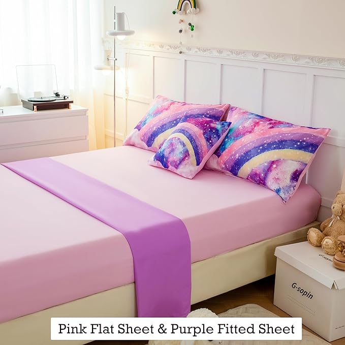 ANGIYUIN 6Pcs Rainbow Queen Size Comforter Set for Girls 3D Pastel Tie Dye Pink Comforter Bedding Set Soft Lightweight Bed in a Bag with Sheet Sets