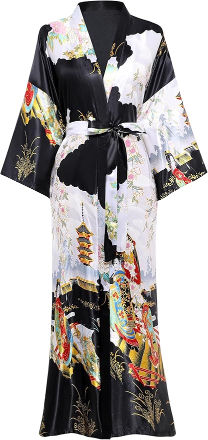PRODESIGN Kimono Robe for Women - Long Satin Sleepwear Silky Kimono Cover-Up Nightgown Japanese Bathrobe Loungewear Blouse