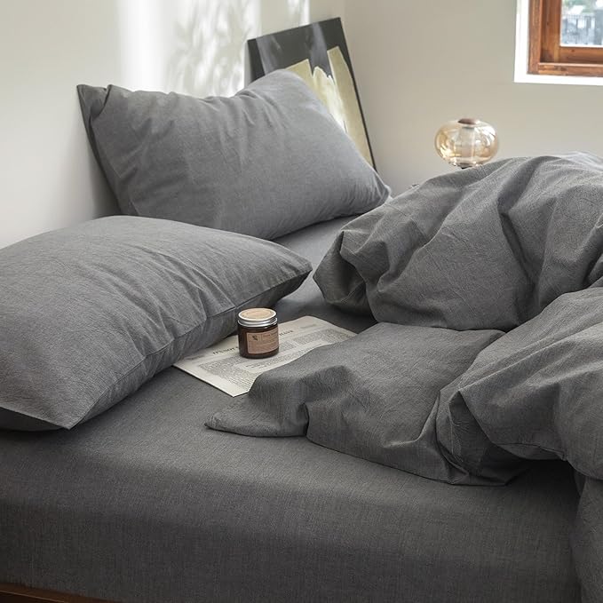 FOSSA Duvet Cover Set 100% Washed Cotton Linen Feel Super Soft Breathable Cozy 3 Pieces Bedding Sets Solid Dark Grey Twin