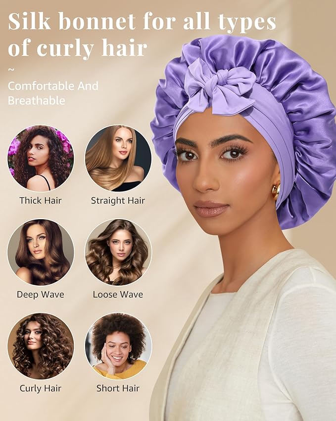 AWAYTR Silk Bonnet for Sleeping Women 100% Mulberry Silk Bonnet with Band 2 Layer Reversible Hair Bonnet Sleeping Hair Wrap (Purple/Violet)