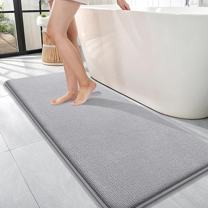 OLANLY Thick Memory Foam Bath Mat Rug 47x17, Extra Soft Absorbent Bathroom Rug, Quick Dry Bath Mats, Non-Slip, Machine Washable Carpet for Bathroom, Tub and Shower, Home Decor Accessories, Grey