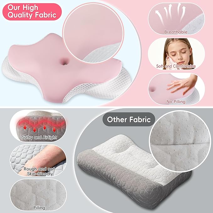 Cervical Neck Pillow for Pain Relief, Ergonomic Contour Pillow for Sleeping, 2 Heights Cooling Pillow for Neck and Shoulder Support, Memory Foam Orthopedic Pillow for Side Back Stomach Sleepers Pink