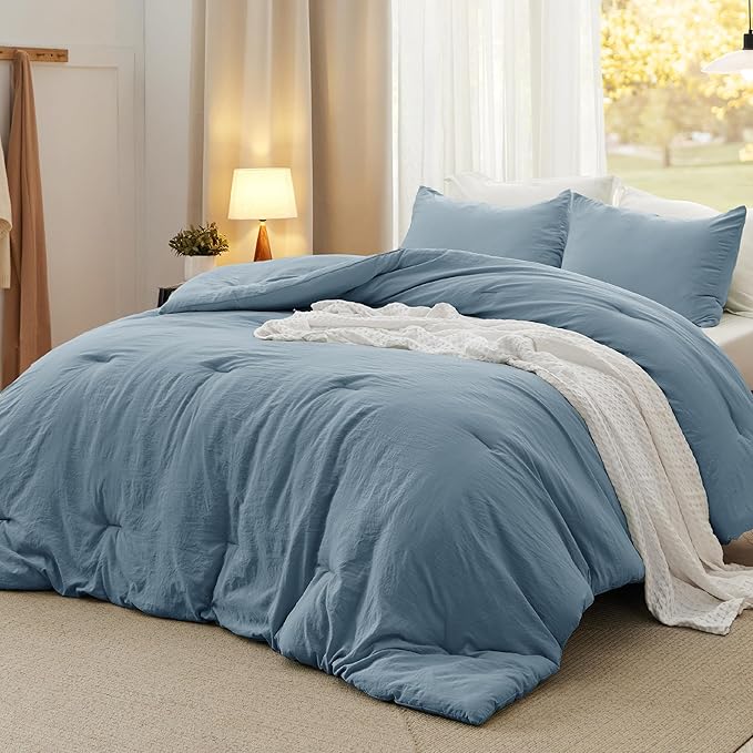 Bedsure Full Size Comforter Set, Grayish Blue Soft Prewashed Bedding for All Seasons, 3 Pieces GentleSoft™ Warm Down Alternative Bed Set, 1 Lightweight Comforter (82"x86") and 2 Pillowcases (20"x26")