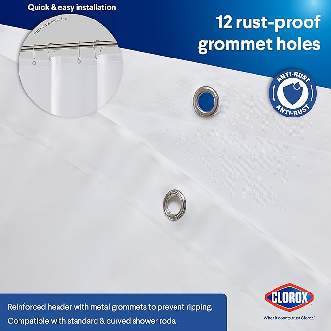 CLOROX Shower Curtain Liner, Premium Lightweight Flexible Waterproof 6g PEVA for Bathroom with Weighted Magnets, Standard Size 72" x 72", White 1 Pack