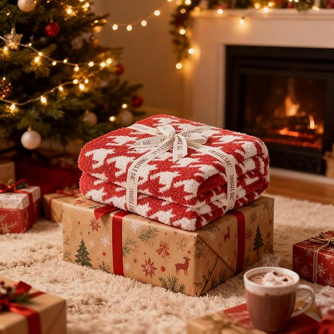 Snuggle Sac Christmas Throw Blanket - Soft Holiday Blanket for Couch, Gift for Family - Houndstooth Red, 50x60 Inches
