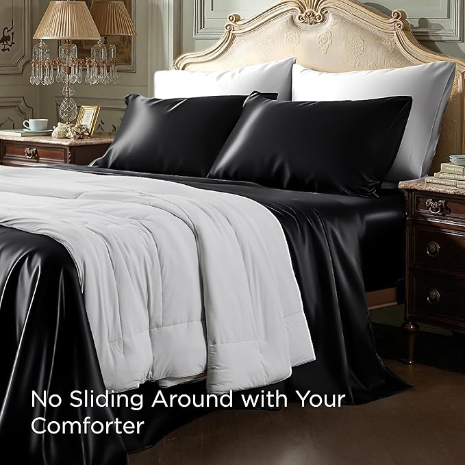 Bedsure Black Satin Sheets Queen Size - 4 Piece Silky Bedsheets with 15 Inches Deep Pocket Fitted Bedsheet,1 Flat Sheet, 2 Satin Pillowcases, Good for Hair & Skin (Queen, Black)
