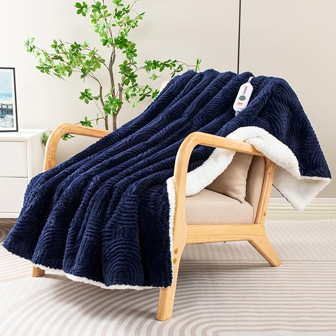 Heated Blanket Twin Size- 62"x84" Cozy Soft Jacquard Heating Blanket with 4 Heat Levels & 4 Hours Auto-Off, Jacquard Fleece, Overheating Protection, Warm Gifts, Navy