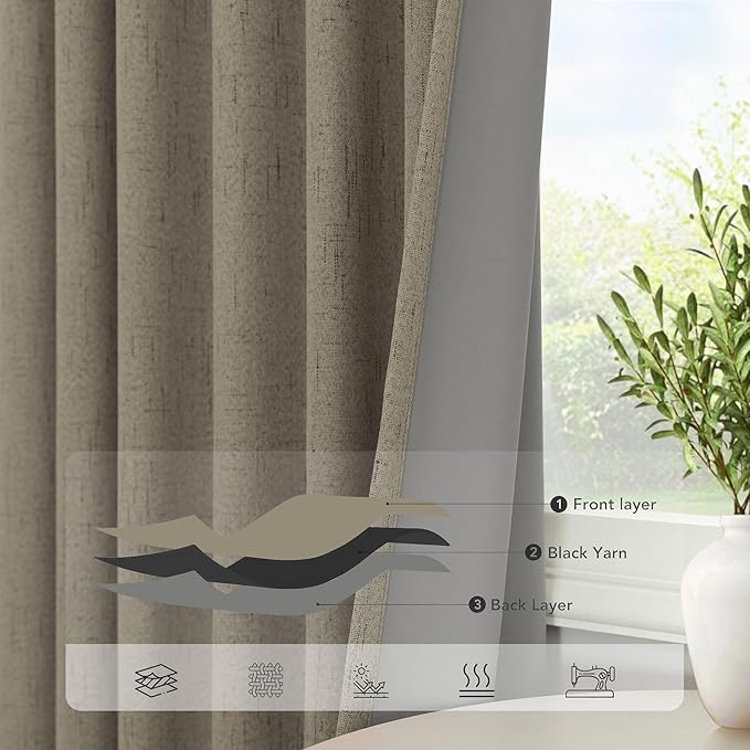 Living Room Darkening Curtains 63 Inches Long Small Bay Window Blackout Soundproof Dining Room Curtains Rustic Farmhouse Linen Dark Taupe Curtain 63 Inch Length 2 Panels Back Tab Pocket Pleated Drapes