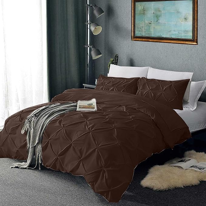 Pinch Pleated Duvet Cover Set 100% Brushed Microfiber 3PC Super King Plus Size 120x120 Duvet Cover Set, Decorative Pinch Design Brown Duvet Cover with Matching Pillow Case
