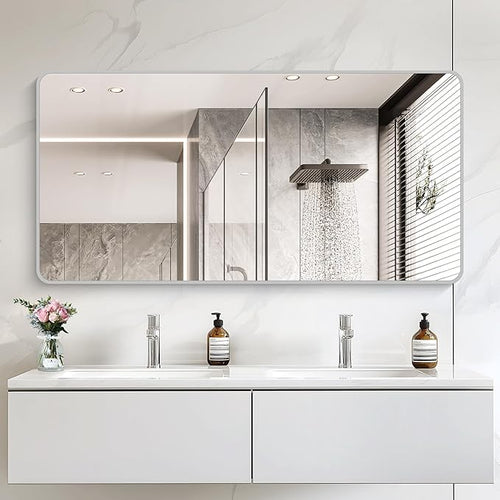 30x60 Inch Silver Bathroom Mirror, Large Rectangular Vanity Mirror, Metal Framed Rectangle Mirror, Rounded Corner Wall Mounted Mirrors for Living Room Bedroom Entryway Horizontal or Vertical