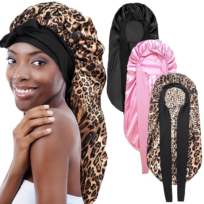 3Pcs Bonnets for Black Women Braid Bonnet, Large Long Satin Bonnet for Braids Sleeping, Black Women Satin Silk Bonnet (3Pcs-Black & Pink & Leopard)