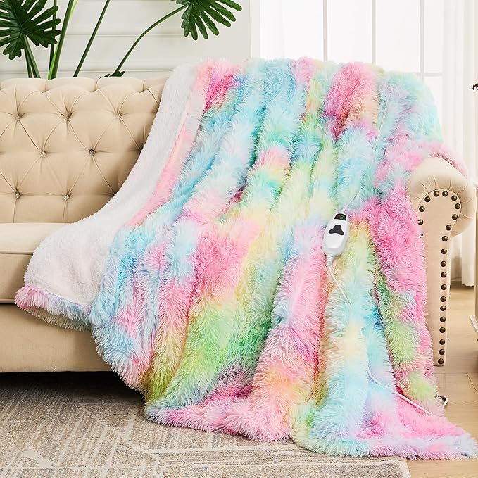 Heated Electric Blanket Throw,Warm Winter Birthday Gifts for Women Her Grandma-Faux Fur with Soft Sherpa,10 Heat Settings,5 Time Settings with Fast Heating, 50x60, Rainbow