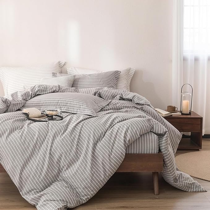 Stripe Duvet Cover Twin Size 90inch x 68inch, 100% Washed Cotton Linen Feel Duvet Cover with Zipper Closure and 1 Pillowcases, Color of Grey-White Stripe