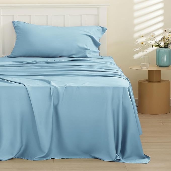Bedsure Cooling Sheets Twin, Rayon Derived from Bamboo, Breathable & Soft Twin Sheets Set, Deep Pocket Up to 16 Inches, Hotel Luxury Silky Bedding for Hot Sleepers, Aqua