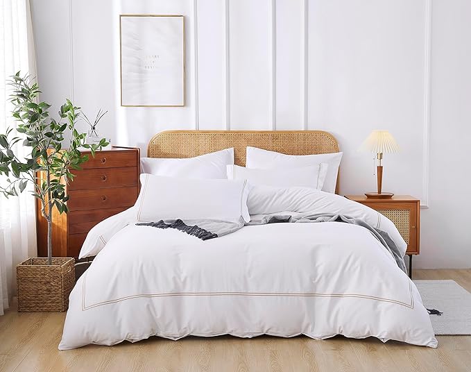 100% Cotton Duvet Cover Set Soft Comfortable with Embroidery Design 3 Pcs Home Sateen Weave Bedding Set (White&Gold, King)