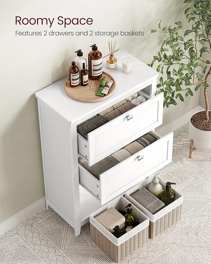 VASAGLE Storage Cabinet, Freestanding Floor Cabinet, 2 Drawers with 1 Set of Adjustable Divider, 2 Baskets, Sideboard, 11.8 x 23.6 x 31.5 Inches, for Bathroom, Living Room, Cloud White UBBC545W02