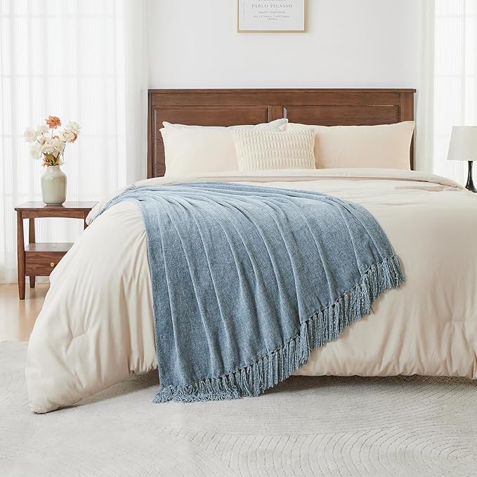 CozeCube Chenille Throw Blanket for Couch, Cozy Plush Fuzzy Decorative Dusty Blue Blanket with Fringe Tassels, Lightweight Throws for Bed Sofa Gift Home Decor, 50"X60"