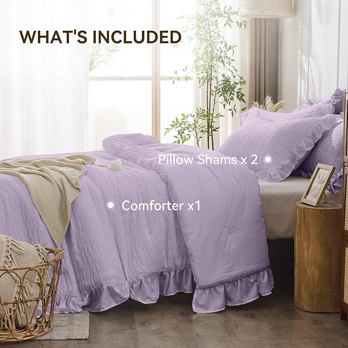 JOLLYVOGUE Lavender Comforter Full Size, 3 Pieces Seersucker Lightweight Full Size Bedding, All Season Fluffy Microfiber Bedding Comforter Set with 1 Ruffle Comforter and 2 Ruffle Pillowshams
