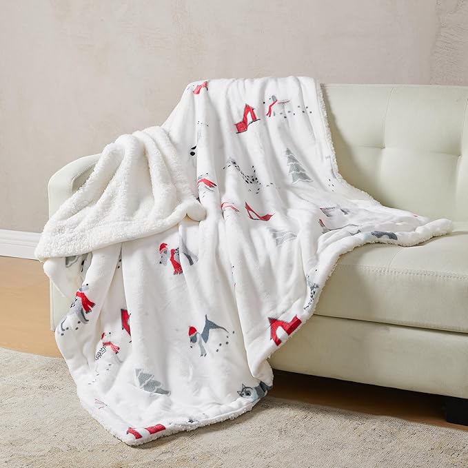 Fleece/Sherpa Christmas Throw - Super Soft Holiday Printed Blanket for Couch, Chair, or Bed - Cozy, Luxurious Plush - 50" x 60", Pups in The Snow