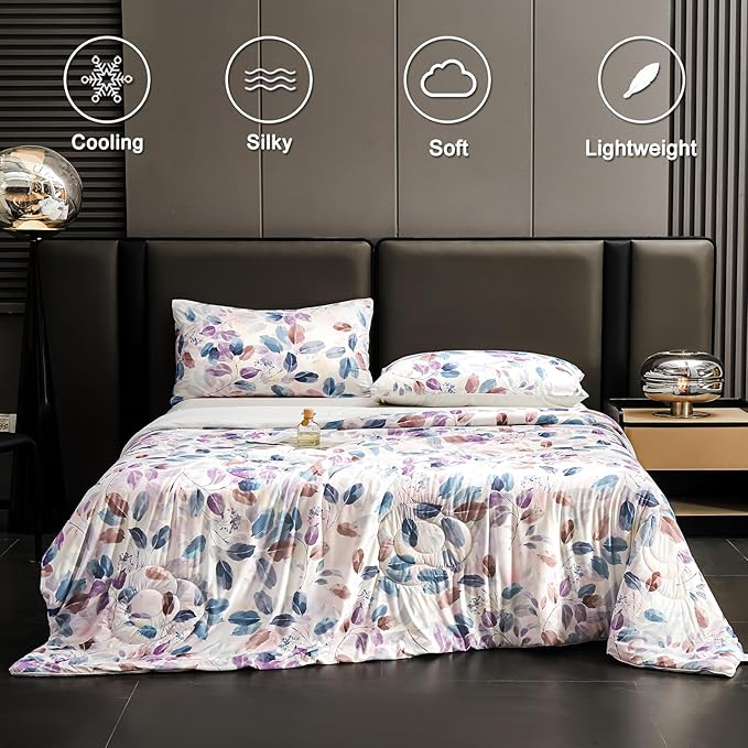 Cyusri Print Cooling Comforter Set 3Pcs Breathable Cool Queen Size Bedding Set with 2 Pillowcases Leaf Pattern Silky Cold Quilt, Blue 90"x90"
