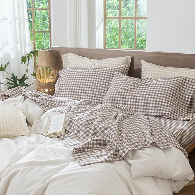 MooMee Gingham Sheet Set 100% Washed Cotton Linen Like Textured Breathable Soft w/Fully Elasticized 16-19" Deep Pocket (Classic Gingham Brown, Queen)