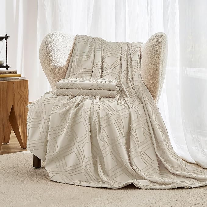 JELLYMONI Duvet Cover Twin Size Light Khaki - 3PCS Boho Duvet Cover Set Plaid Polyester Tufted Bohemian Jacquard Knit Textured Comforter Cover 68×90in Rhombic Geometric Pattern Corner Ties & Zipper