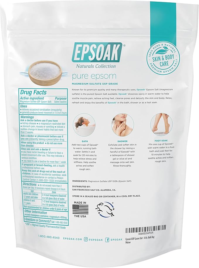 Epsoak Epsom Salt 10 lb. Magnesium Sulfate USP. (Qty. 1 x 10lb. Bags) Resealable Epsom Salt Bulk Bags Unscented, Made in The USA, Cruelty-Free Certified