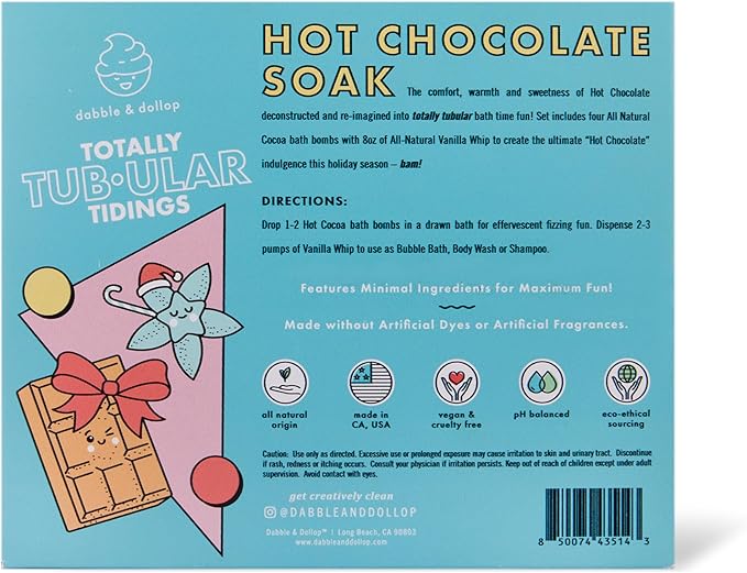 Dabble & Dollop Totally Tub-ular Tidings Hot Chocolate Soak - Holiday Bath Gift Set with 4 All-Natural Cocoa Bath Bombs and Vanilla Whip 3-in-1 Bubble Bath, Body Wash & Shampoo