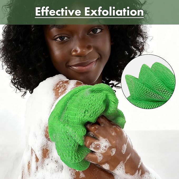 African Net Sponge Authentic with Handles (Set of 2), African Exfoliating Net Sponge, Exfoliating Body Scrubber Bath Sponge - Bathing Accessories with Storage Bag (Purple & Green)