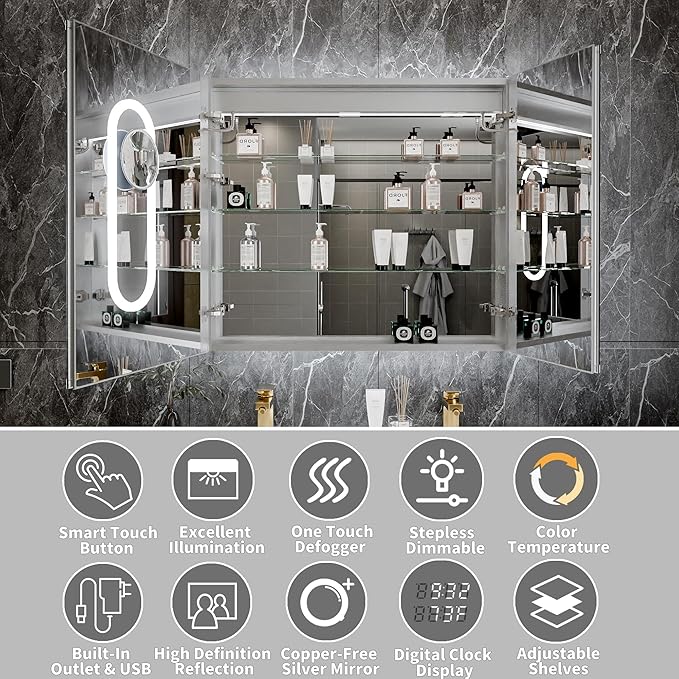 36"x32"Lighted Medicine Cabinet with Mirror，Recessed or Surface Mount LED Medicine Cabinet, Front&Backlit, Clock Temp Display, Anti-Fog, Stepless Dimming, 3-Color Temperatures, Adjustable Shelves