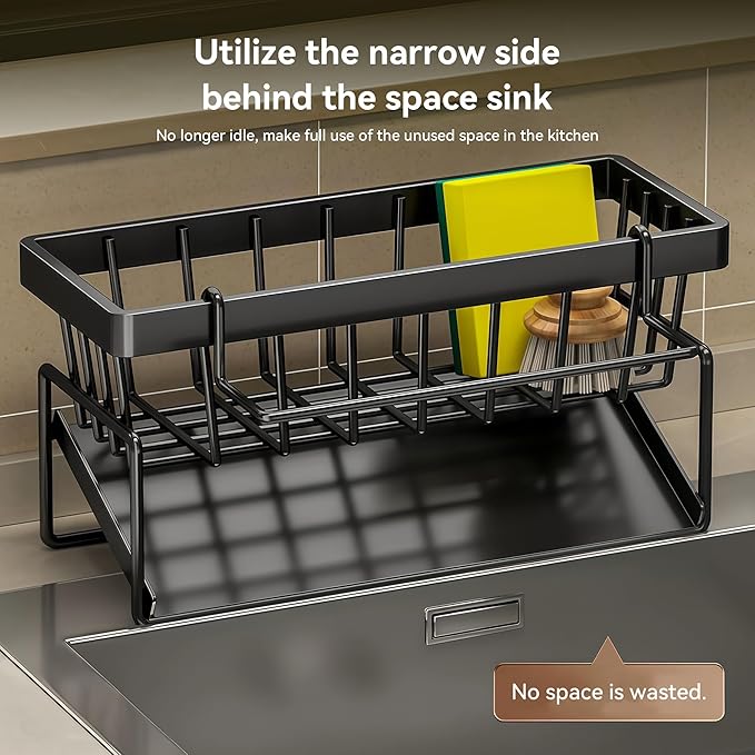 Sponge Holder for Kitchen, Sink Caddy Organizer Rack for Kitchen Accessories, Soap Dispenser Countertop Organizer Essentials for Home (Black)