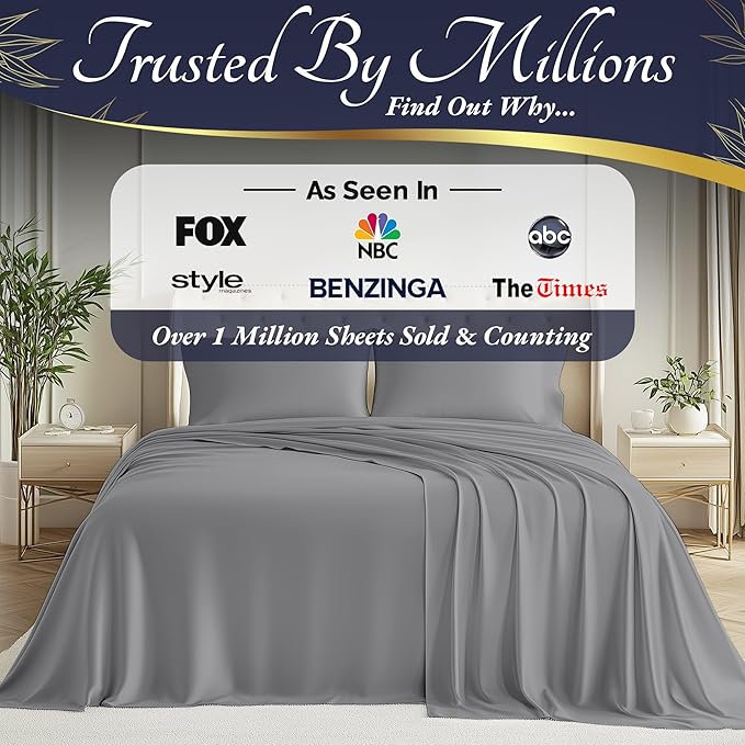 DECOLURE 100% Viscose Derived from Bamboo Sheets Cal King Size 4pcs - Ultra Soft & Luxuriously Cooling, 17" Deep Pocket, Double Stitching, Perfect for Hot Sleepers - King Bed Sheets (Midgrey)