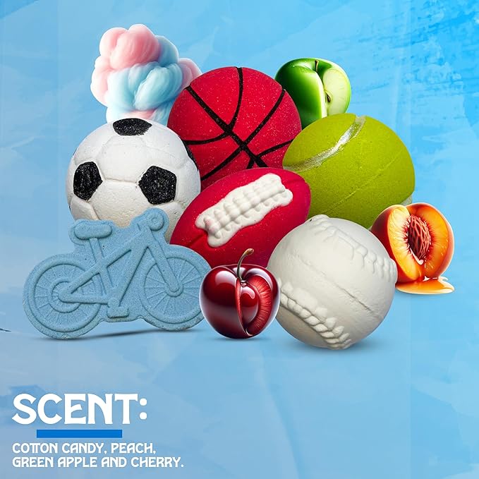 Bath Bombs for Boys W/Educational Flash Cards - Bathbombs with Toys Inside - 2.5 oz Gift Set of 6 Scented Organic Handmade with Natural Essential Oils - Sports Surprise Inside by Zenseme
