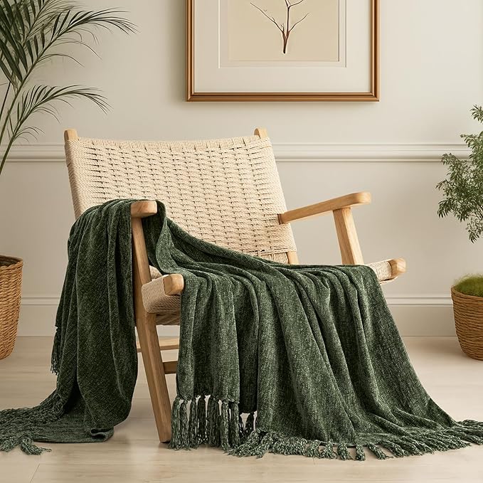 EVERGRACE Soft Chenille Throw Blanket for Couch, Cozy Plush Fuzzy Decorative Chenille Knit Throw Blanket with Tassels, Lightweight Blanket and Throws for Bed Sofa Gift Home Decor, Olive Green 60"x80"